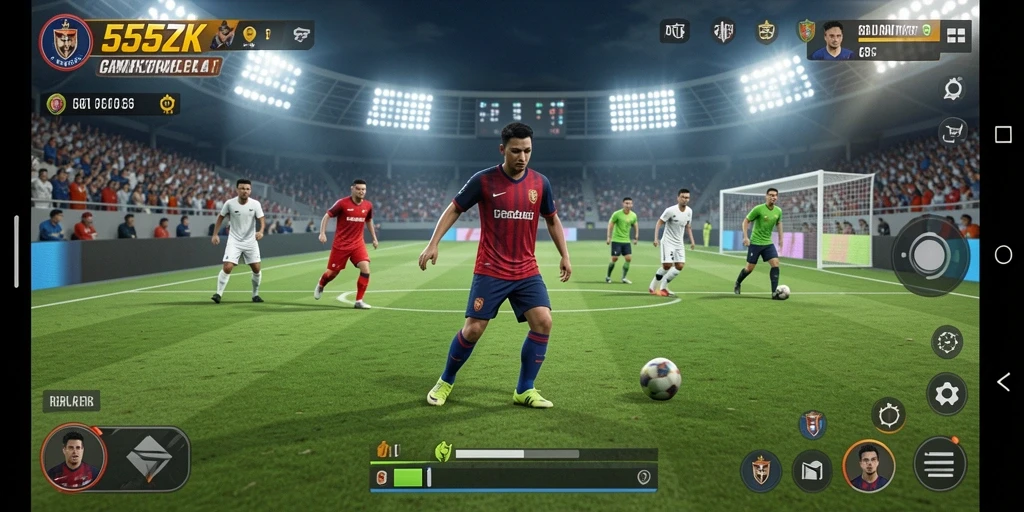 Screenshot gameplay 555ZK menampilkan aksi sepak bola yang mendebarkan.