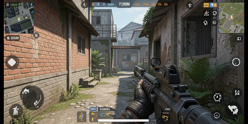 Screenshot F200M dengan aksi tembak-menembak yang intens.