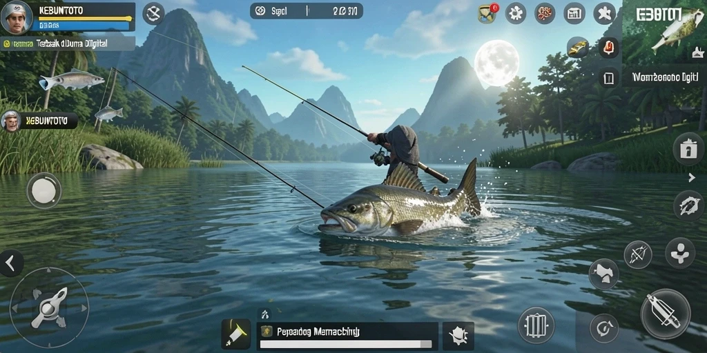 Screenshot gameplay KEBUNTOTO yang menunjukkan aksi memancing yang seru.