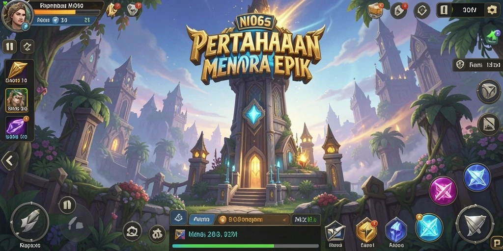 Screenshot N06 menunjukkan gameplay menara pertahanan yang intens.