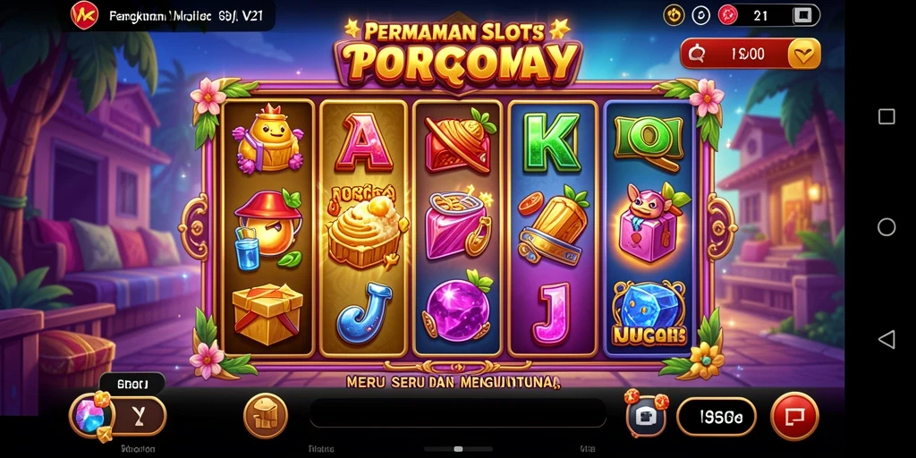Gameplay V21 yang menampilkan simbol slot berwarna-warni.